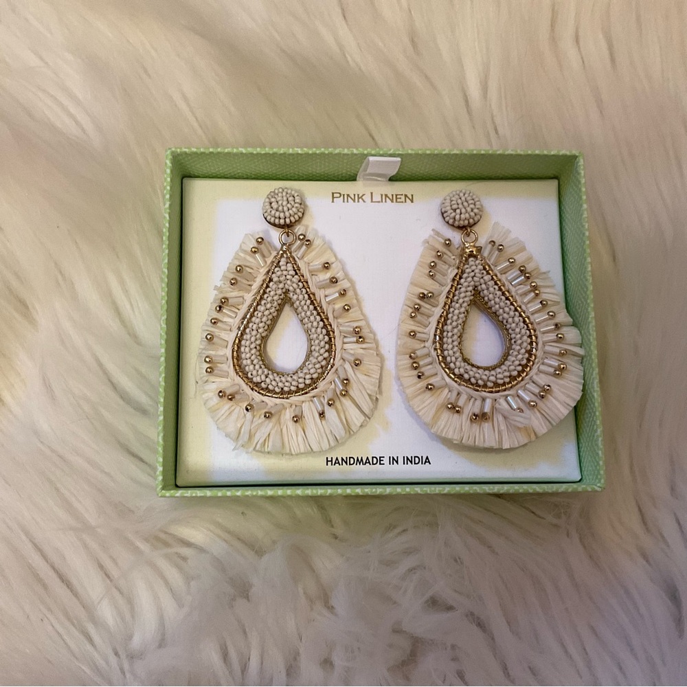 Pink Linen Raffia & Bead Earrings - New in Box - Picture 4 of 6